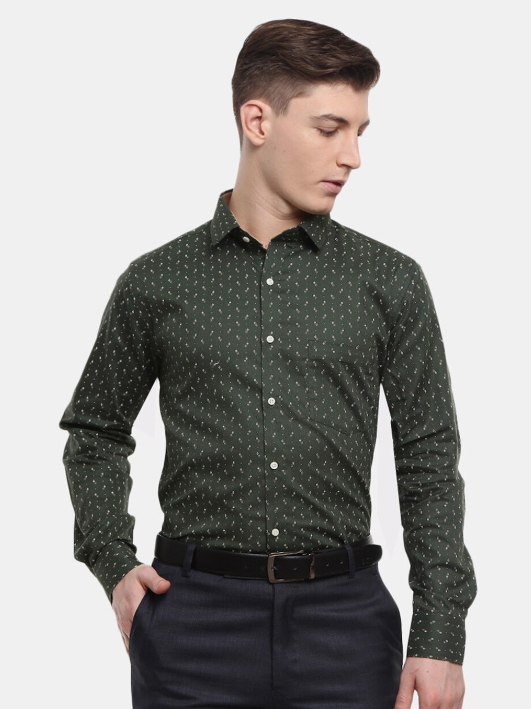 

J White by Vmart Men Green Classic Printed Formal Shirt