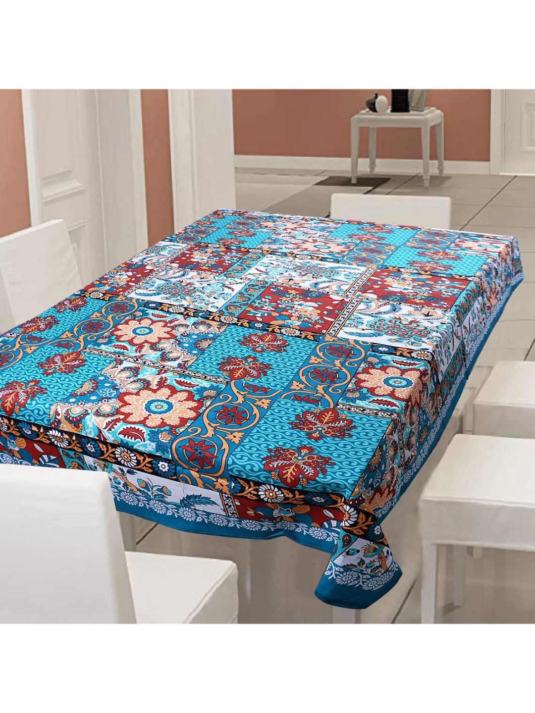 

INDHOME LIFE Blue & White Printed Pure Cotton 144 TC Table Cover