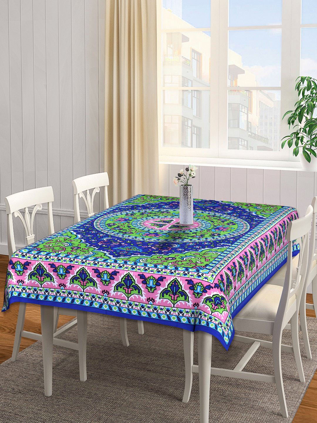 

INDHOME LIFE Blue & Green Printed Pure Cotton Table Cover