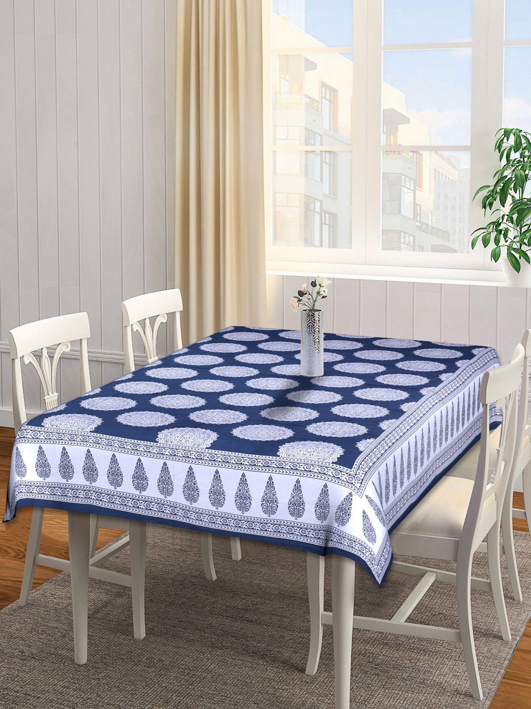 

INDHOME LIFE Blue & White Printed 144 TC Pure Cotton Table Cover