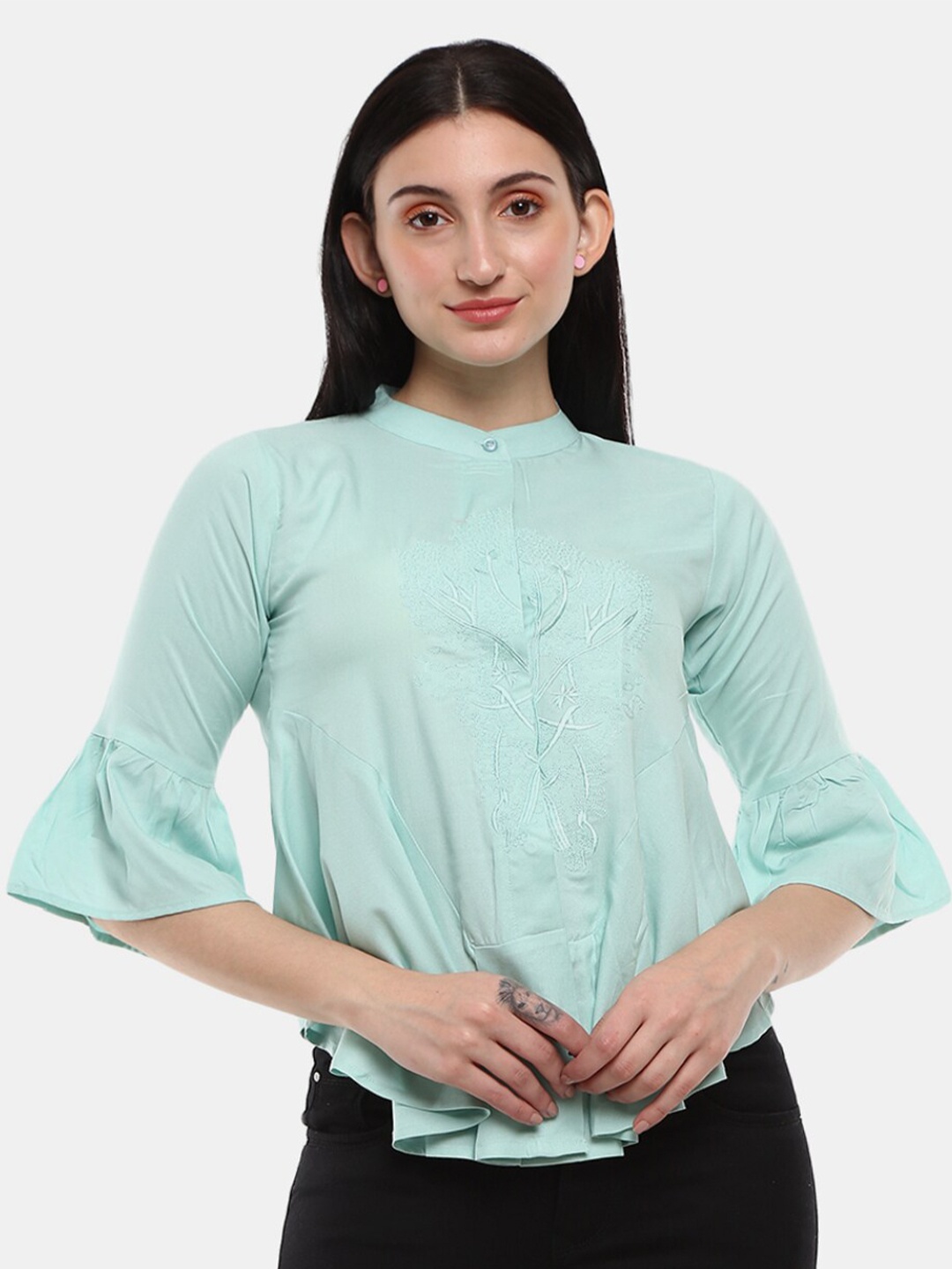 

V-Mart Sea Green Mandarin Collar Top