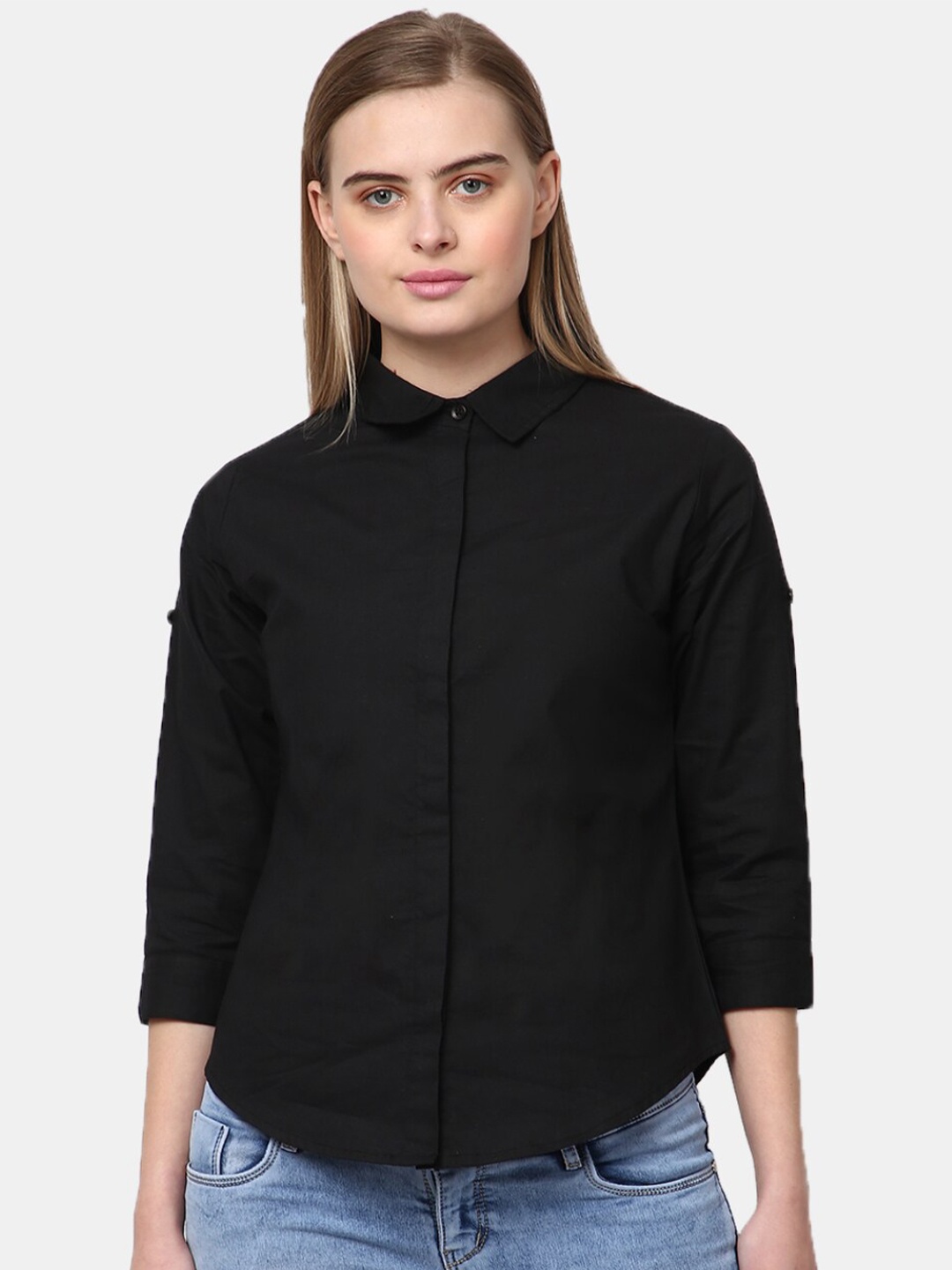 

V-Mart Women Black Solid Spread Collar Casual Shirt