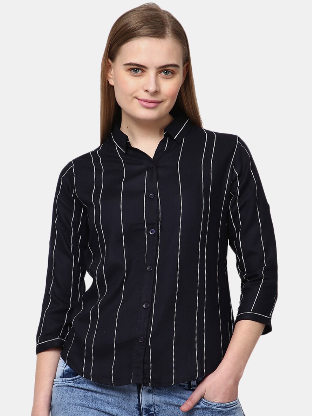 

V-Mart Women Navy Blue Classic Striped Casual Shirt
