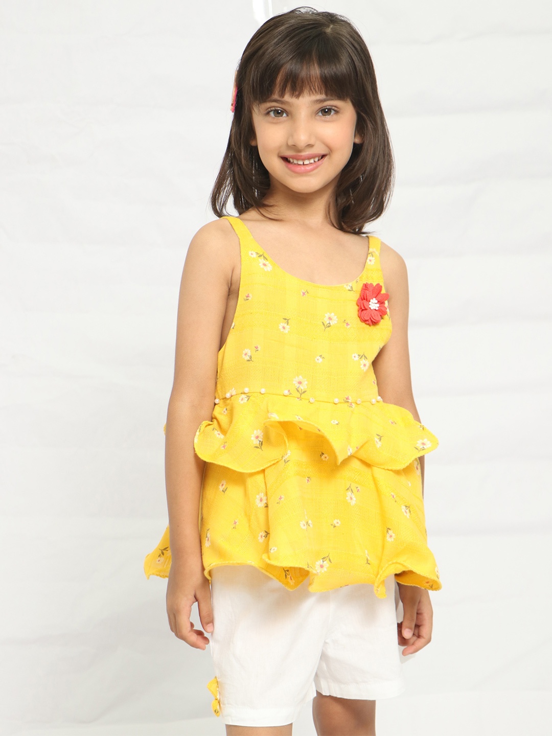 

Nauti Nati Girls Mustard & White Printed Top with Shorts