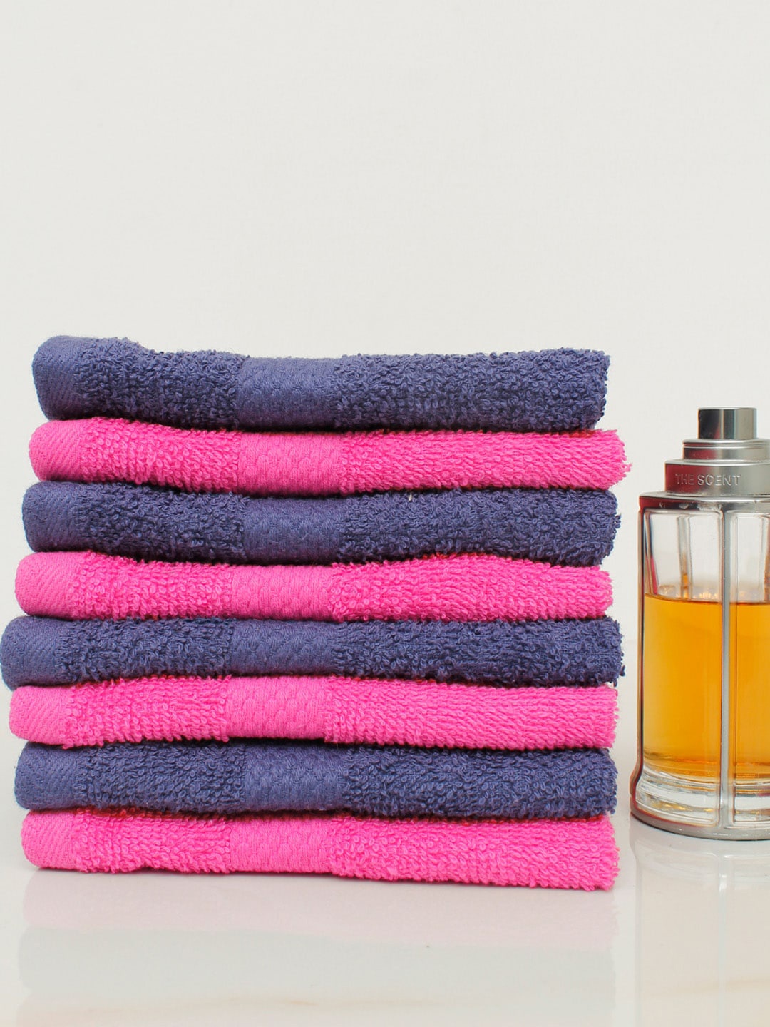 

AVI Living Set Of 8 Navy Blue & Pink Solid Pure Cotton 500 GSM Face Towels