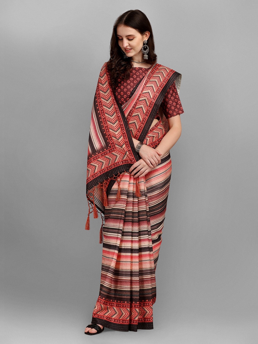 

Ethnic Yard Red & Pink Striped Silk Blend Saree