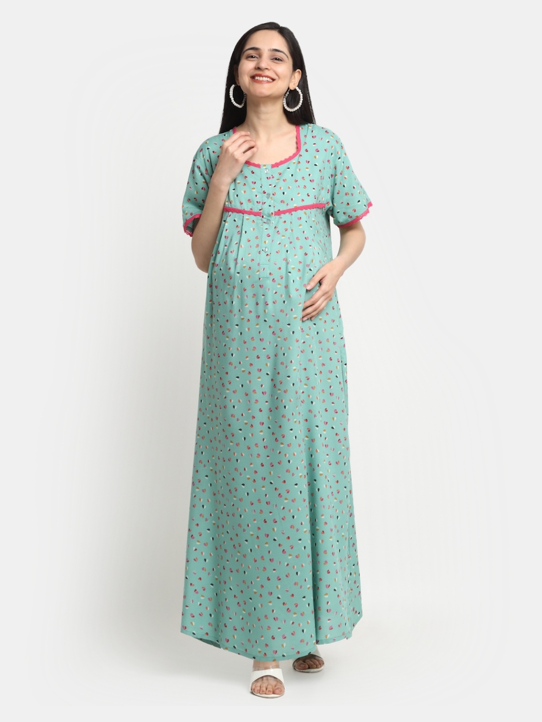 

Mylo Sea Green Printed Maternity Maxi Nightdress