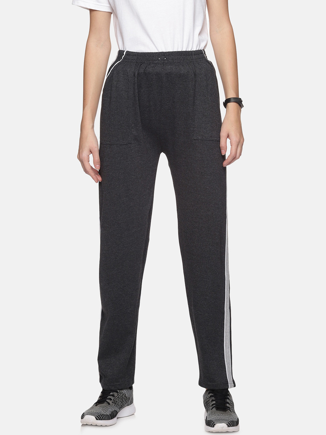 

NOT YET by us Women Charcoal Grey Side Striped Cotton Track Pant