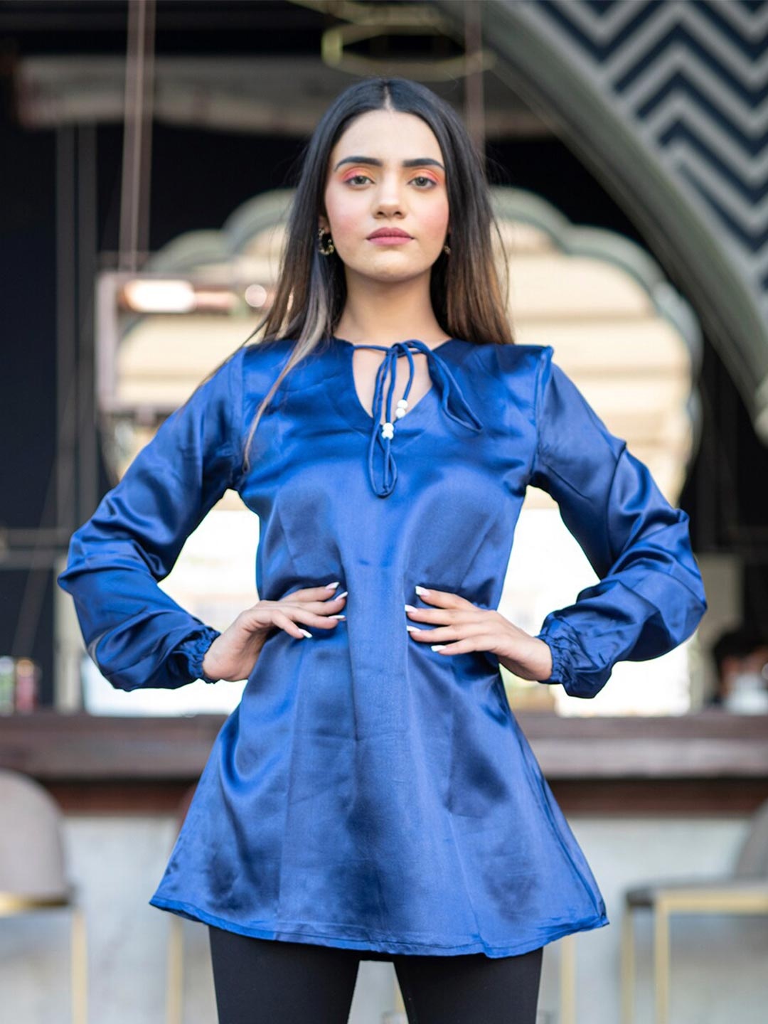 

Tistabene Blue Satin Tie-Up Neck Satin Top
