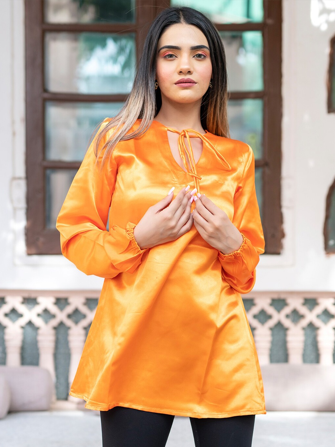 

Tistabene Orange Solid Tie-Up Neck Satin Top