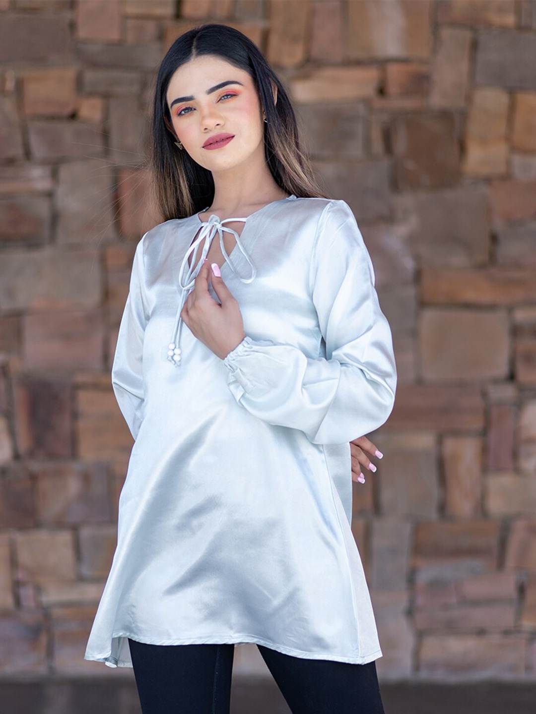 

Tistabene White Tie-Up Neck Satin Top