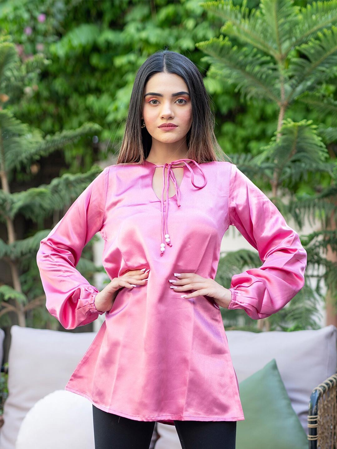 

Tistabene Pink Tie-Up Neck Satin Longline Top