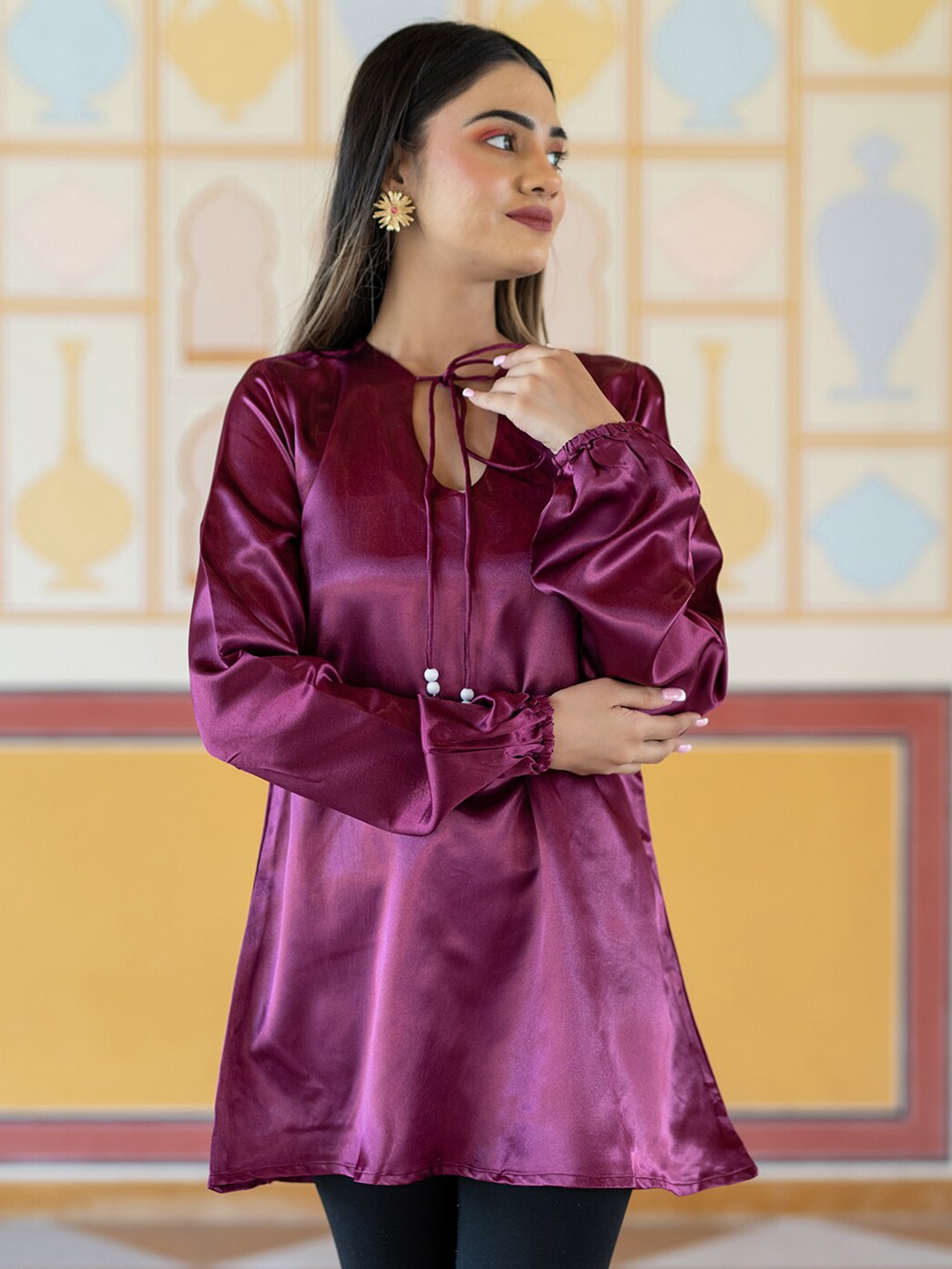 

Tistabene Purple Tie-Up Neck Satin Top