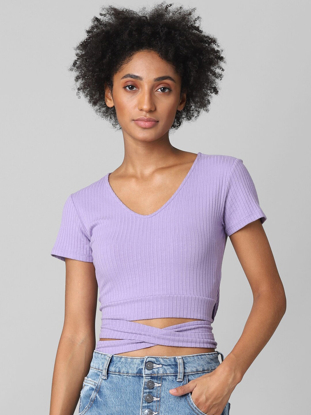 

ONLY Women Purple V-Neck Raw Edge Slim Fit T-shirt
