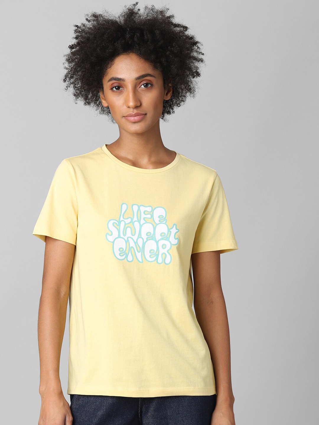 

ONLY Women Yellow Typography Printed Pure Cotton T-shirt