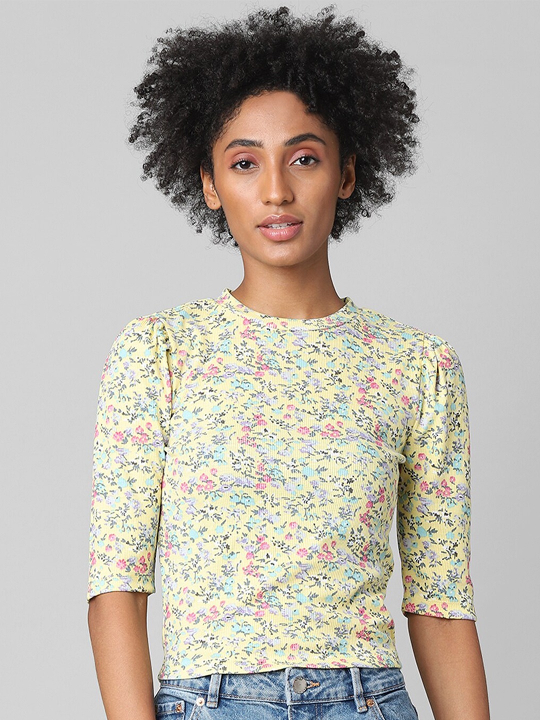 

ONLY Women Yellow Floral Printed Slim Fit T-shirt