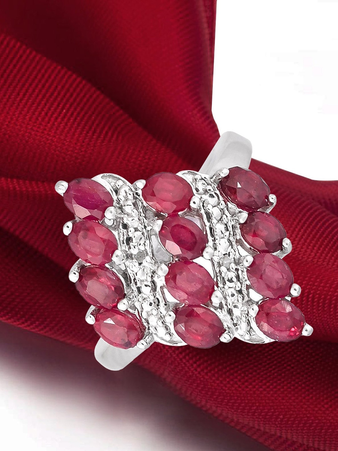 

HIFLYER JEWELS Rhodium-Plated Silver-Toned Red Gemstone Studded Finger Ring