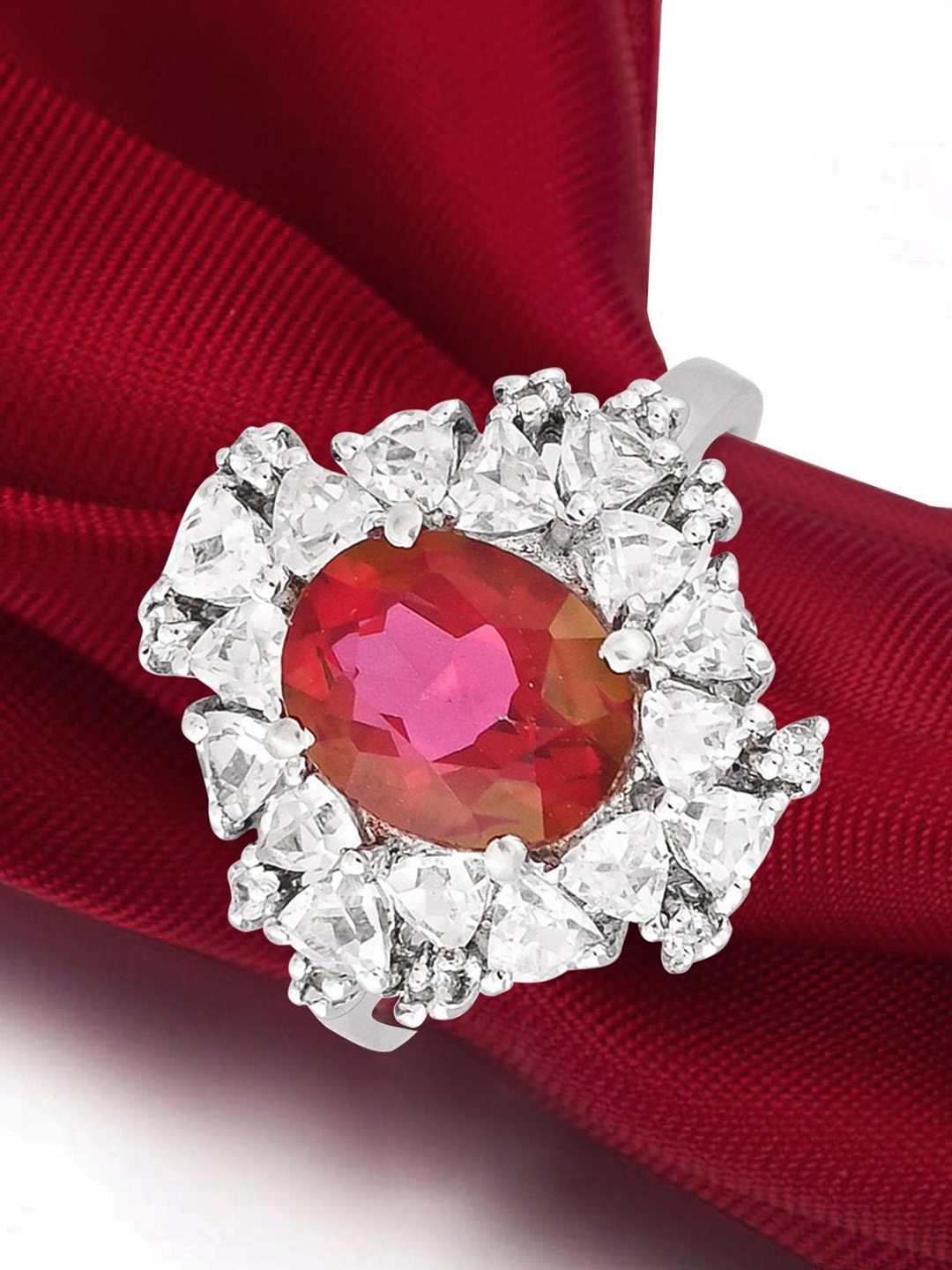 

HIFLYER JEWELS Rhodium-Plated Silver-Toned Red Gemstone Studded Finger Ring