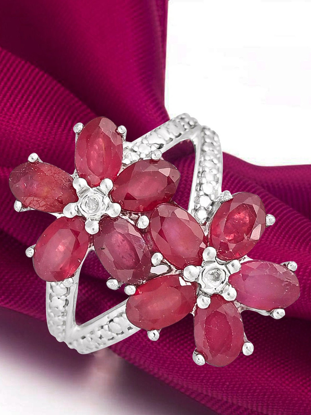 

HIFLYER JEWELS Rhodium-Plated Silver-Toned & Red Topaz Gemstone-Studded Finger Ring