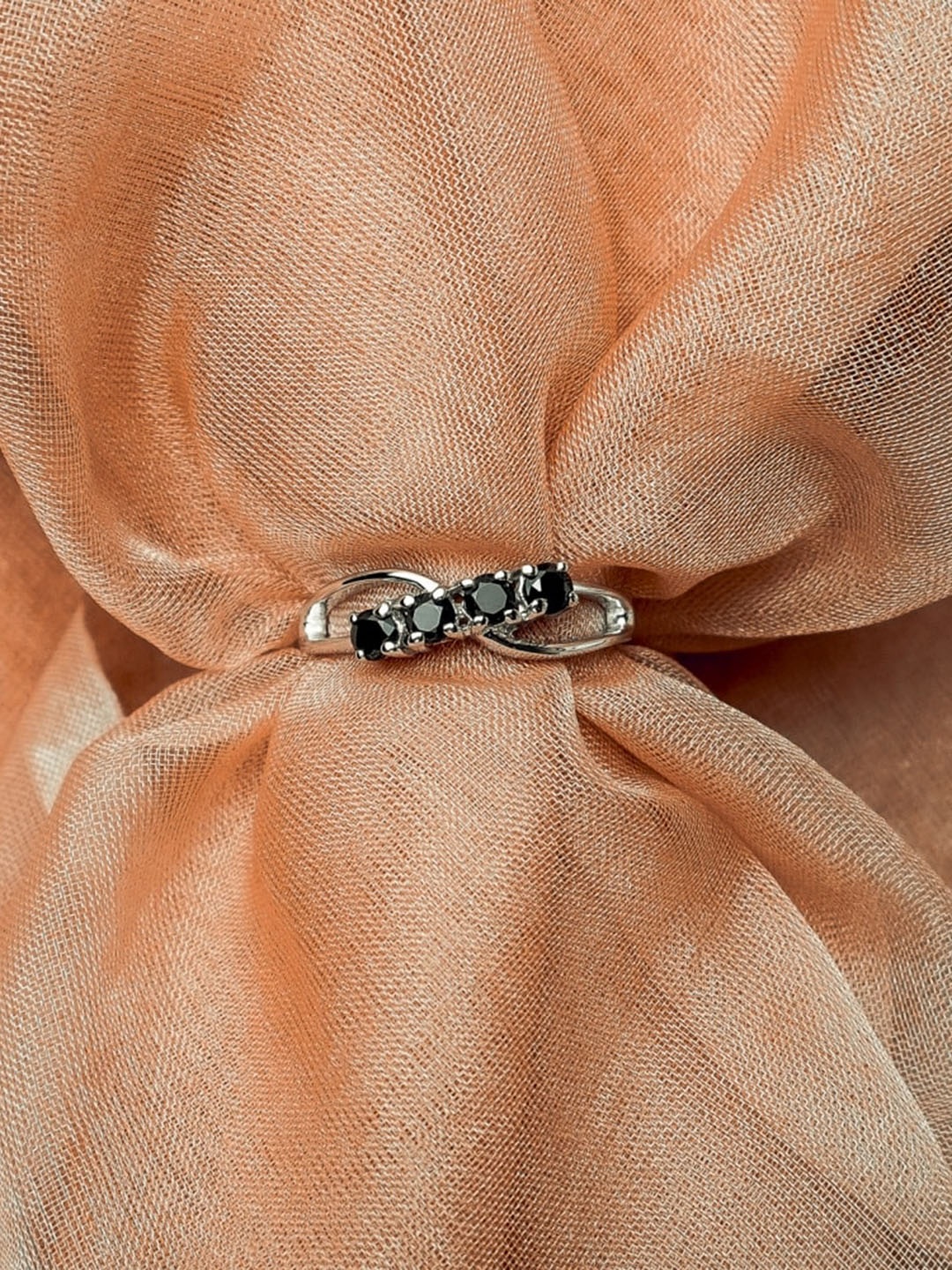 

HIFLYER JEWELS Rhodium-Plated Silver-Toned Black Gemstone Studded Finger Ring
