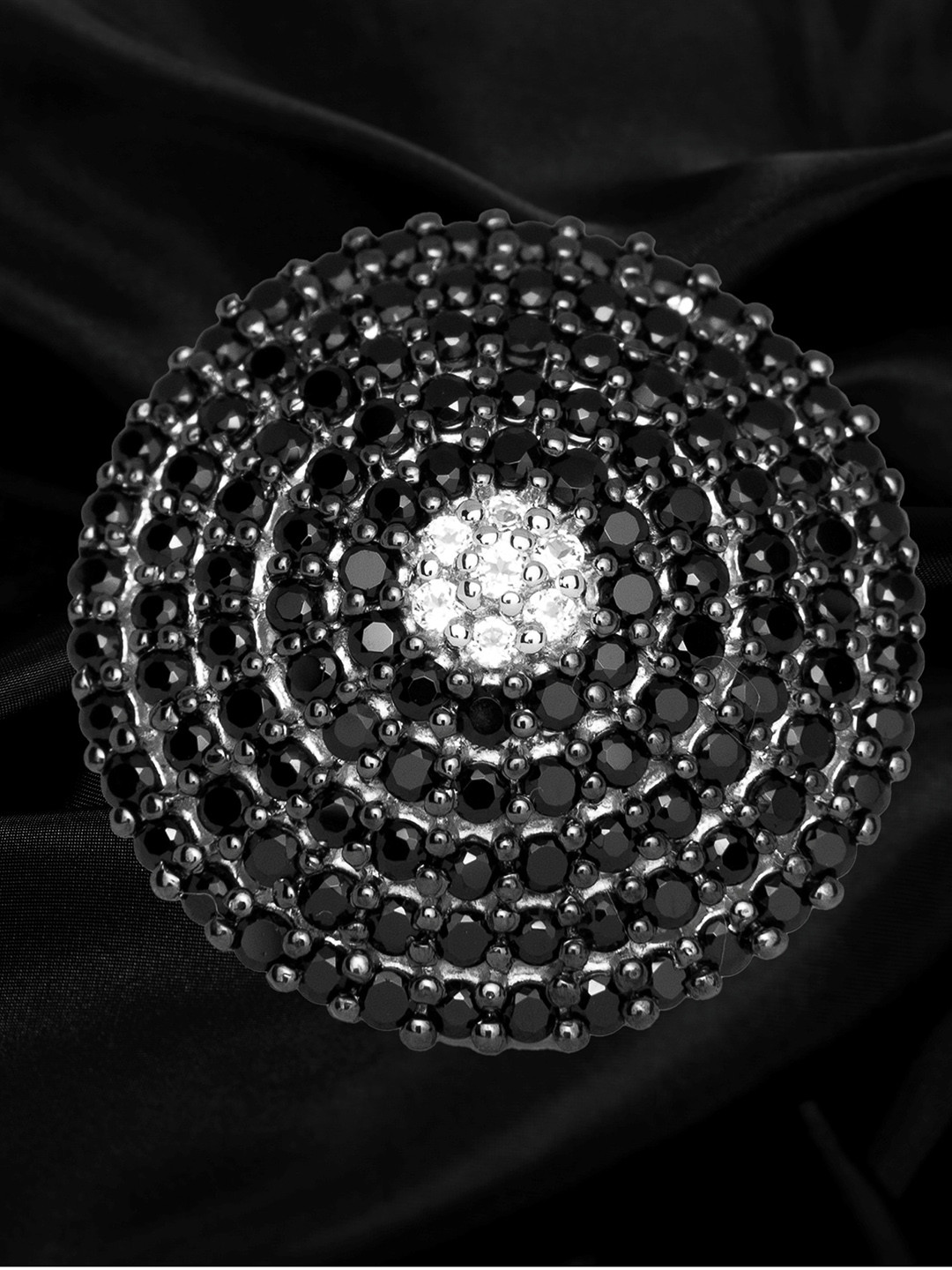 

HIFLYER JEWELS Rhodium-Plated Black Stone-Studded Finger Ring