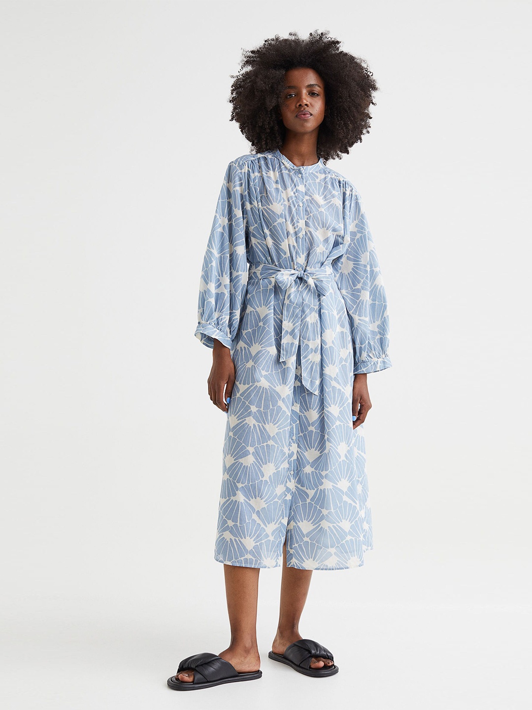 

H&M Women Blue Balloon-Sleeved Cotton Shirt Dress
