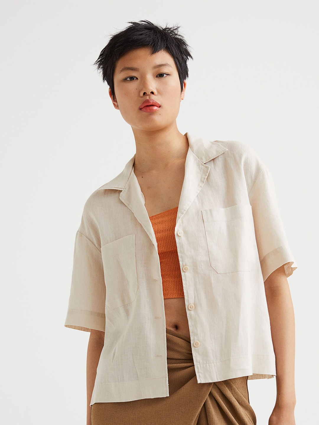 H&M Women Beige Solid Linen Resort Shirt
