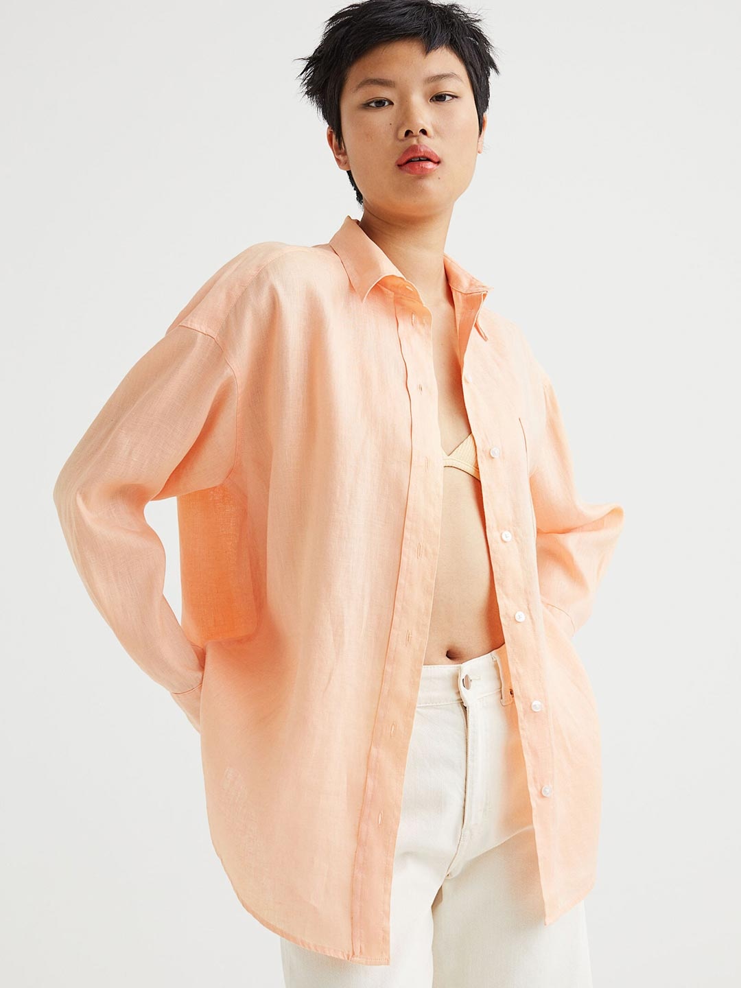 

H&M Women Orange Oversized Linen Shirt