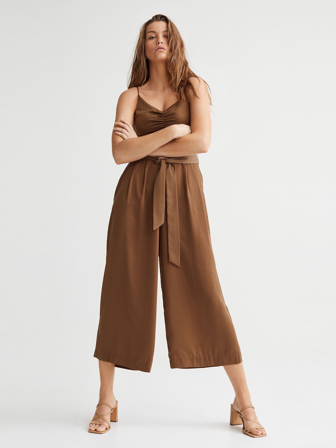 

H&M Women Brown Solid V-Neck Satin Jumpsuit