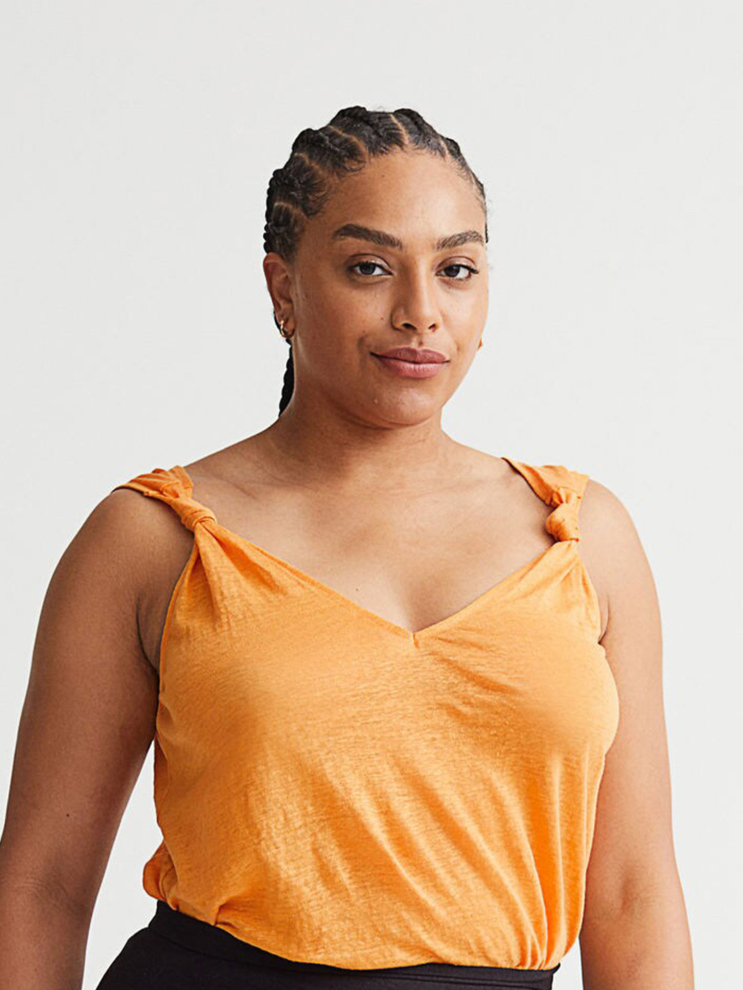 

H&M Women Orange Solid Linen V-Neck Top