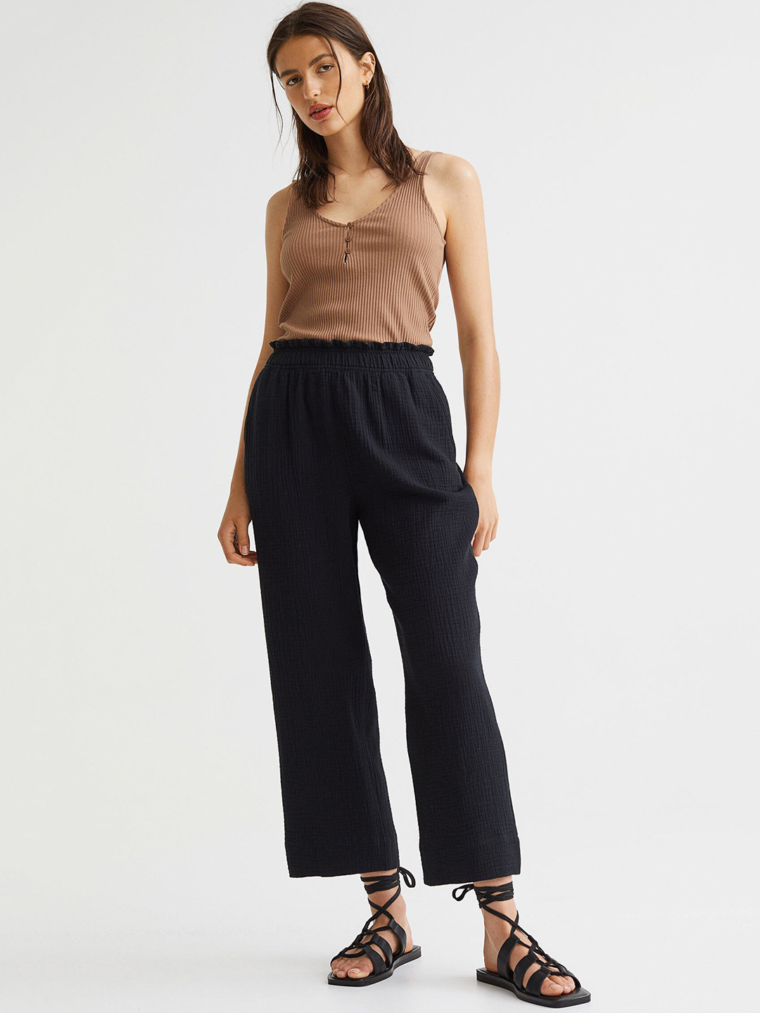 

H&M Women Black Crinkled Cotton Trousers