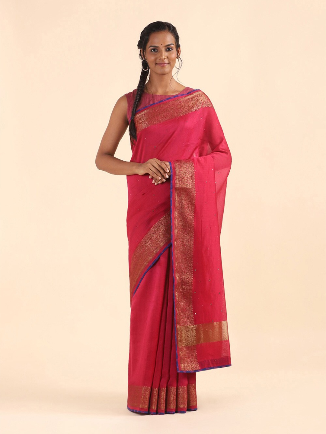 

Taneira Women Pink & Gold-Toned Woven Design Silk Cotton Saree