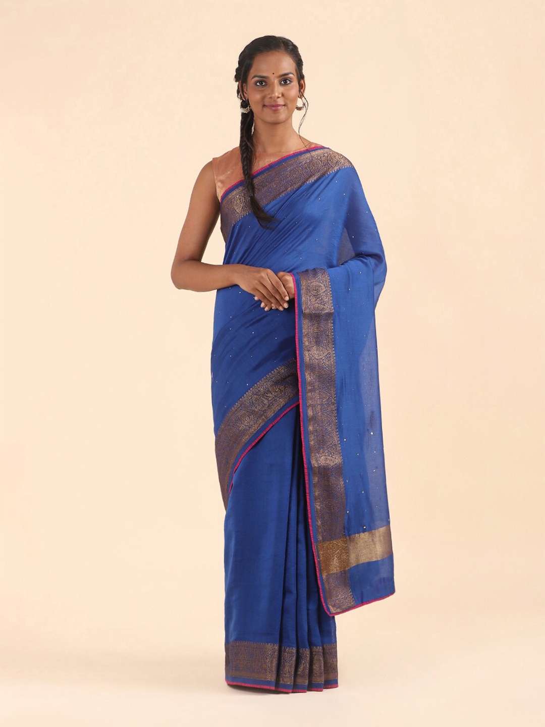 

Taneira Blue & Gold-Toned Zari Silk Cotton Saree