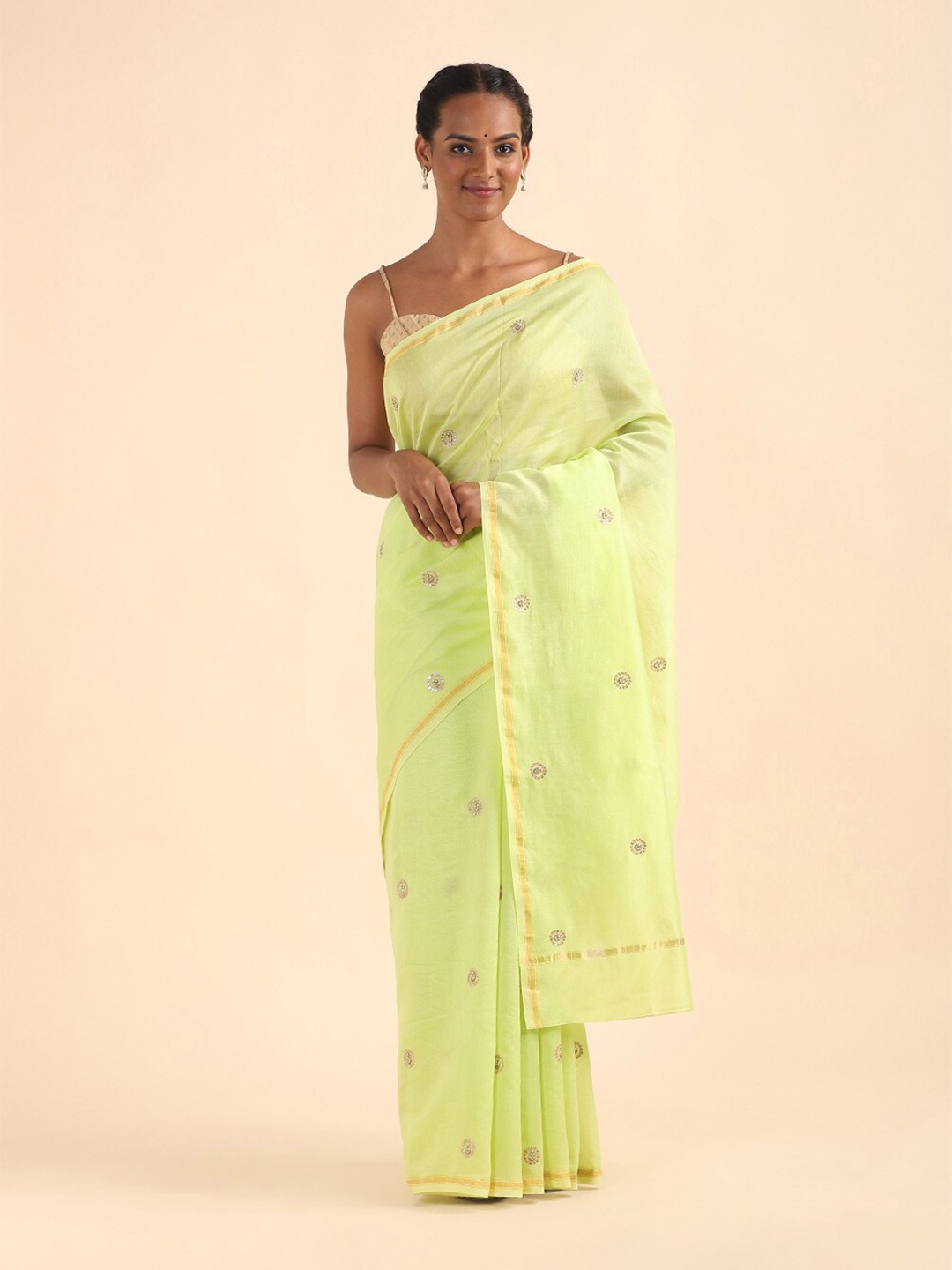 

Taneira Green & Silver-Toned Ethnic Motifs Sequinned Silk Cotton Saree