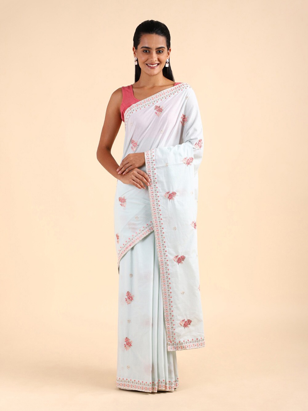 

Taneira Blue & Gold-Toned Floral Embroidered Pure Cotton Saree