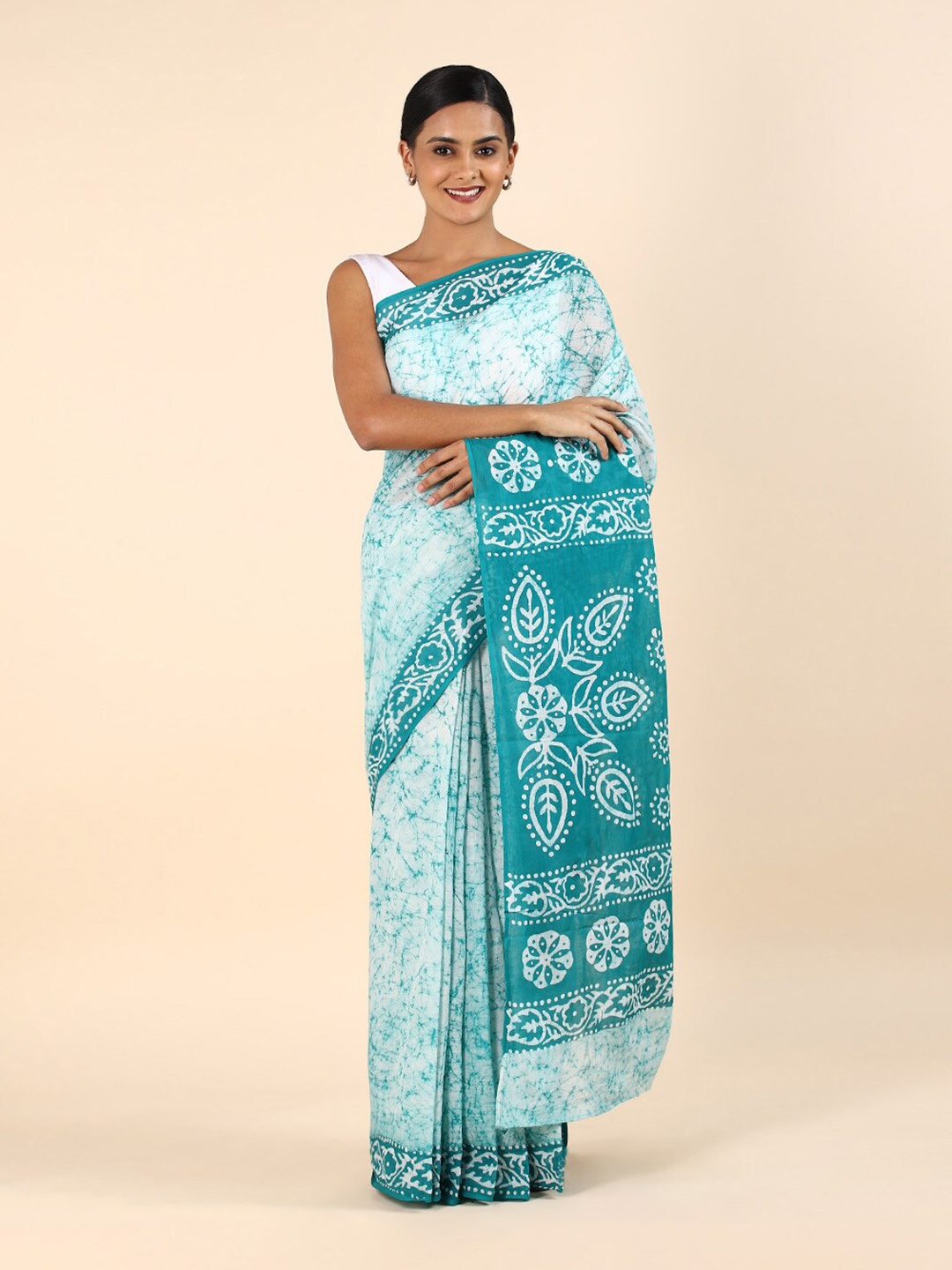 

Taneira Green & Blue Tie and Dye Pure Cotton Saree