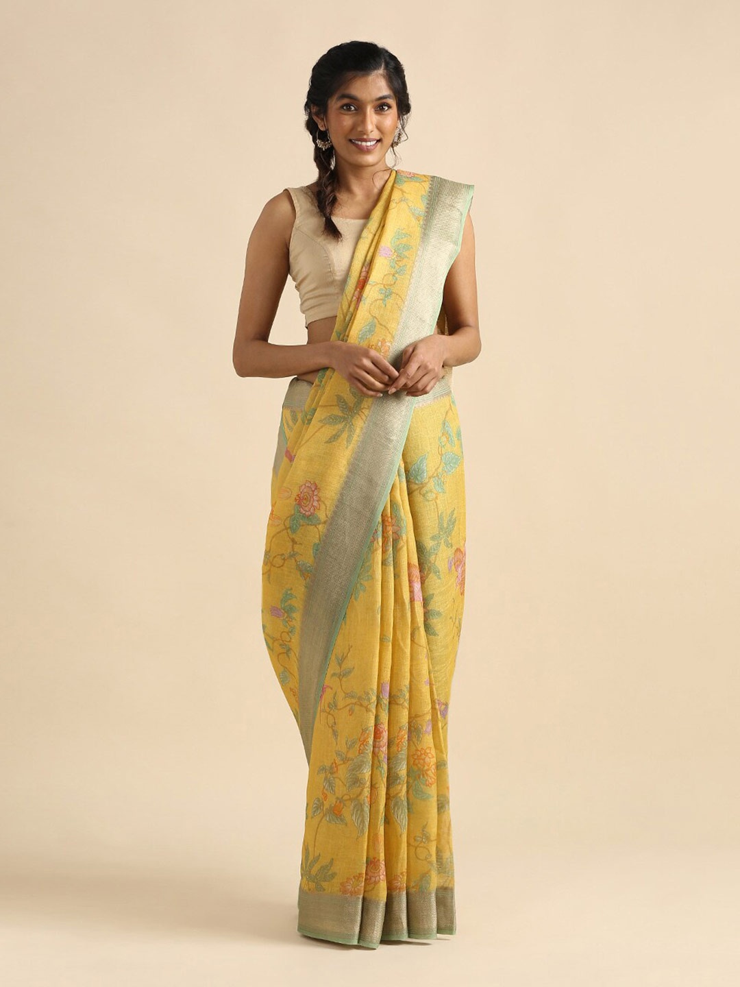 

Taneira Women Yellow & Green Floral Zari Pure Linen Saree