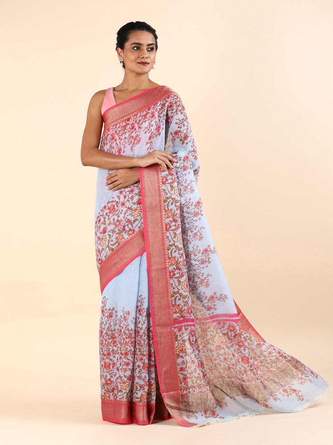 

Taneira Blue & Pink Floral Zari Pure Linen Saree