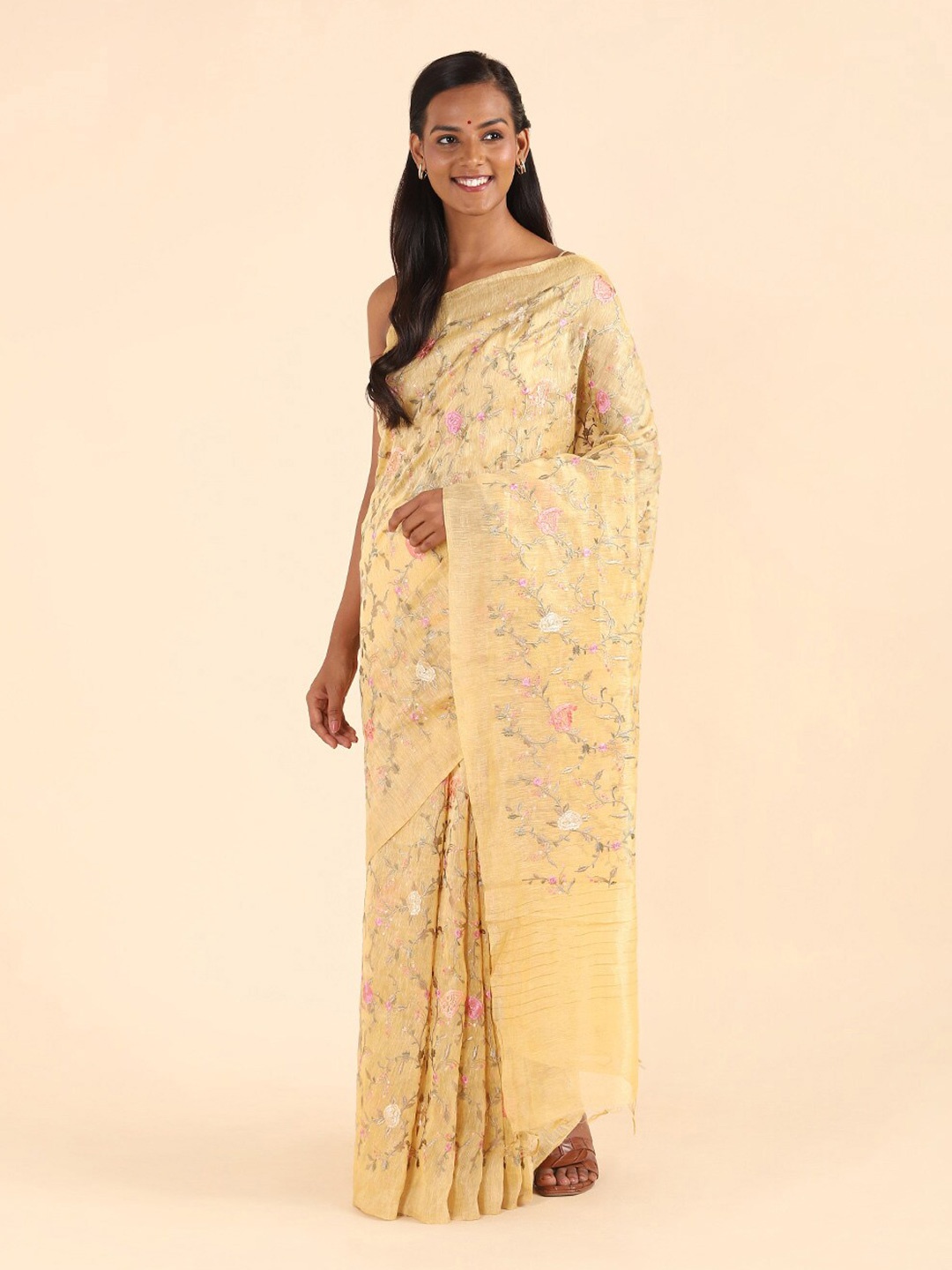 

Taneira Yellow & Pink Floral Embroidered Pure Linen Saree
