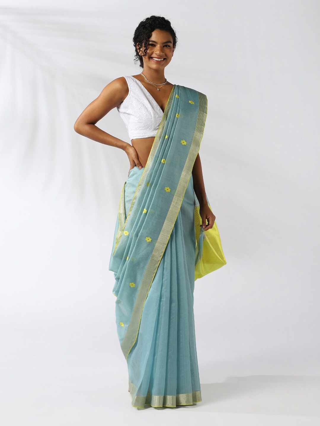 

Taneira Blue & Yellow Floral Zari Silk Cotton Chanderi Saree
