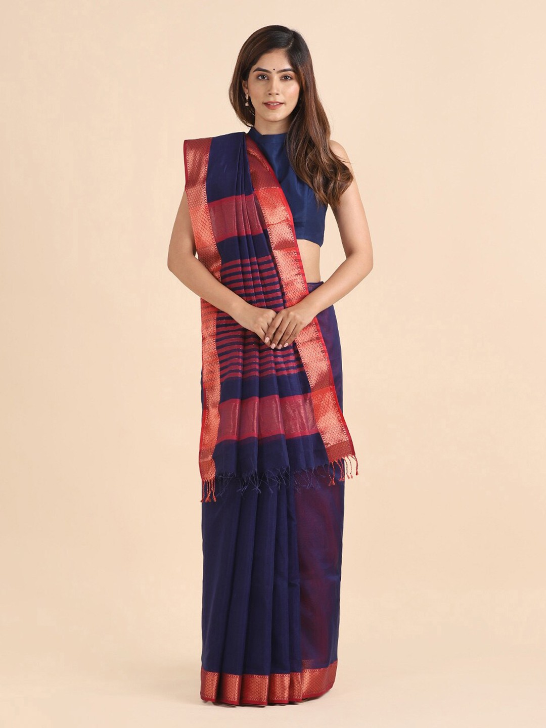 

Taneira Blue & Magenta Zari Silk Cotton Maheshwari Saree