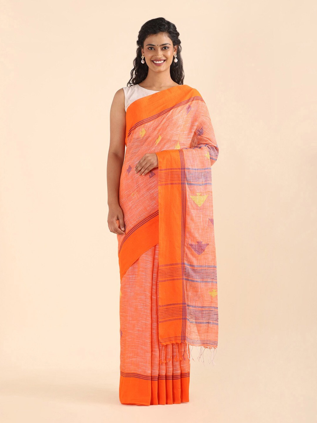 

Taneira Orange & Blue Woven Design Pure Cotton Saree