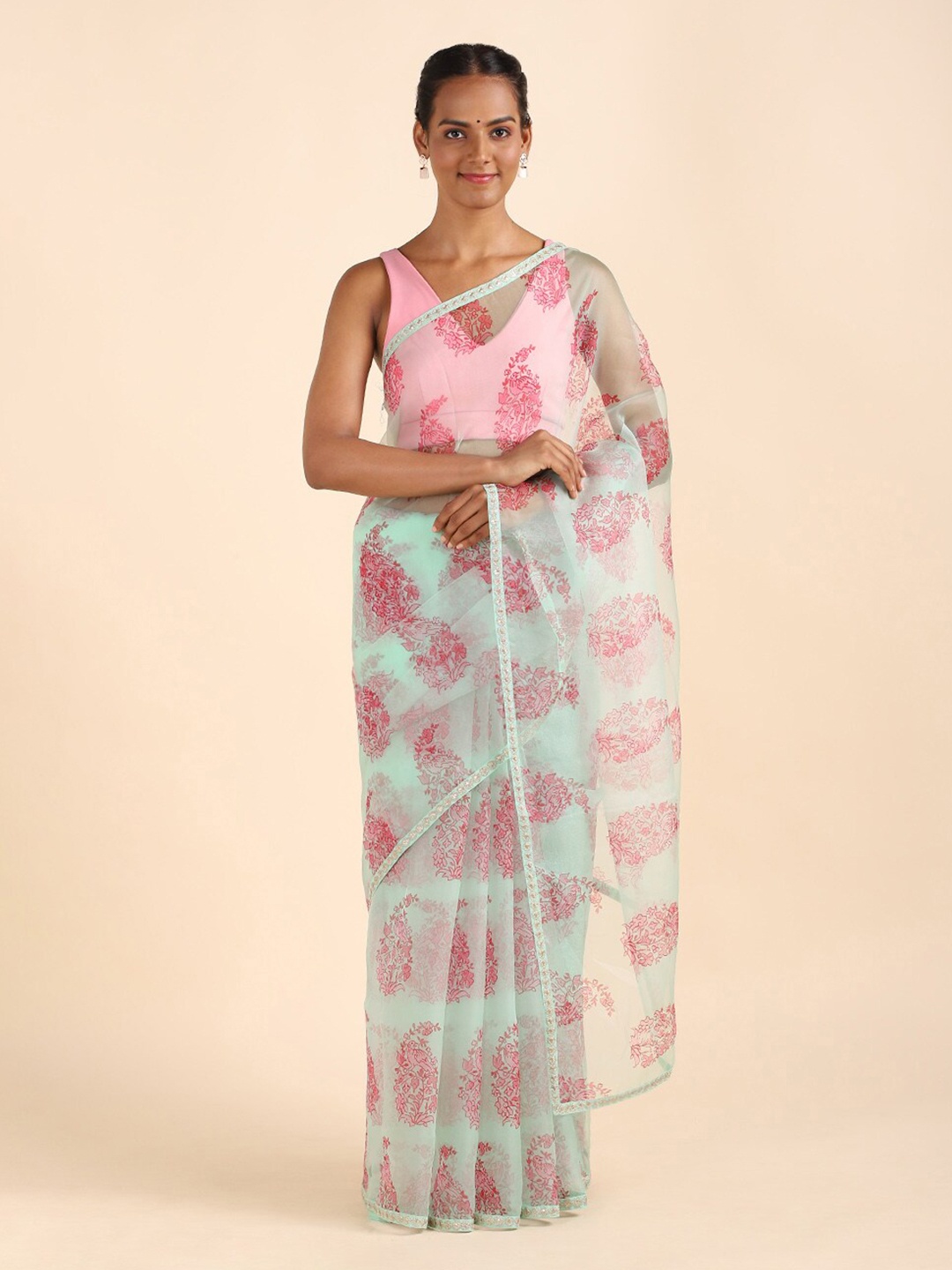 

Taneira Green & Red Ethnic Motifs Organza Saree