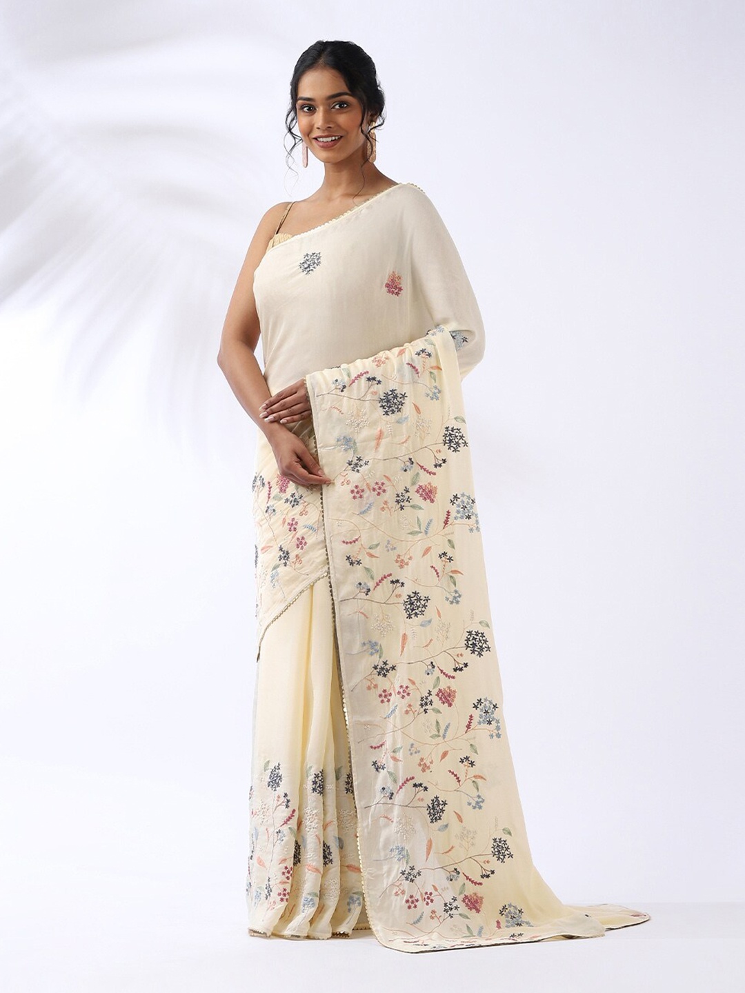 

Taneira Yellow & Grey Floral Embroidered Silk Blend Saree