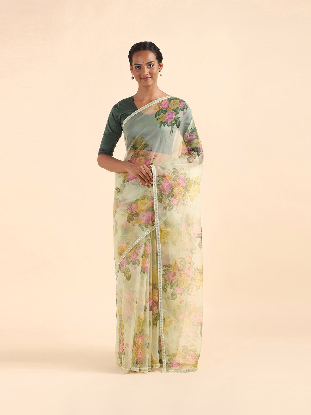 

Taneira Yellow & Pink Floral Organza Saree