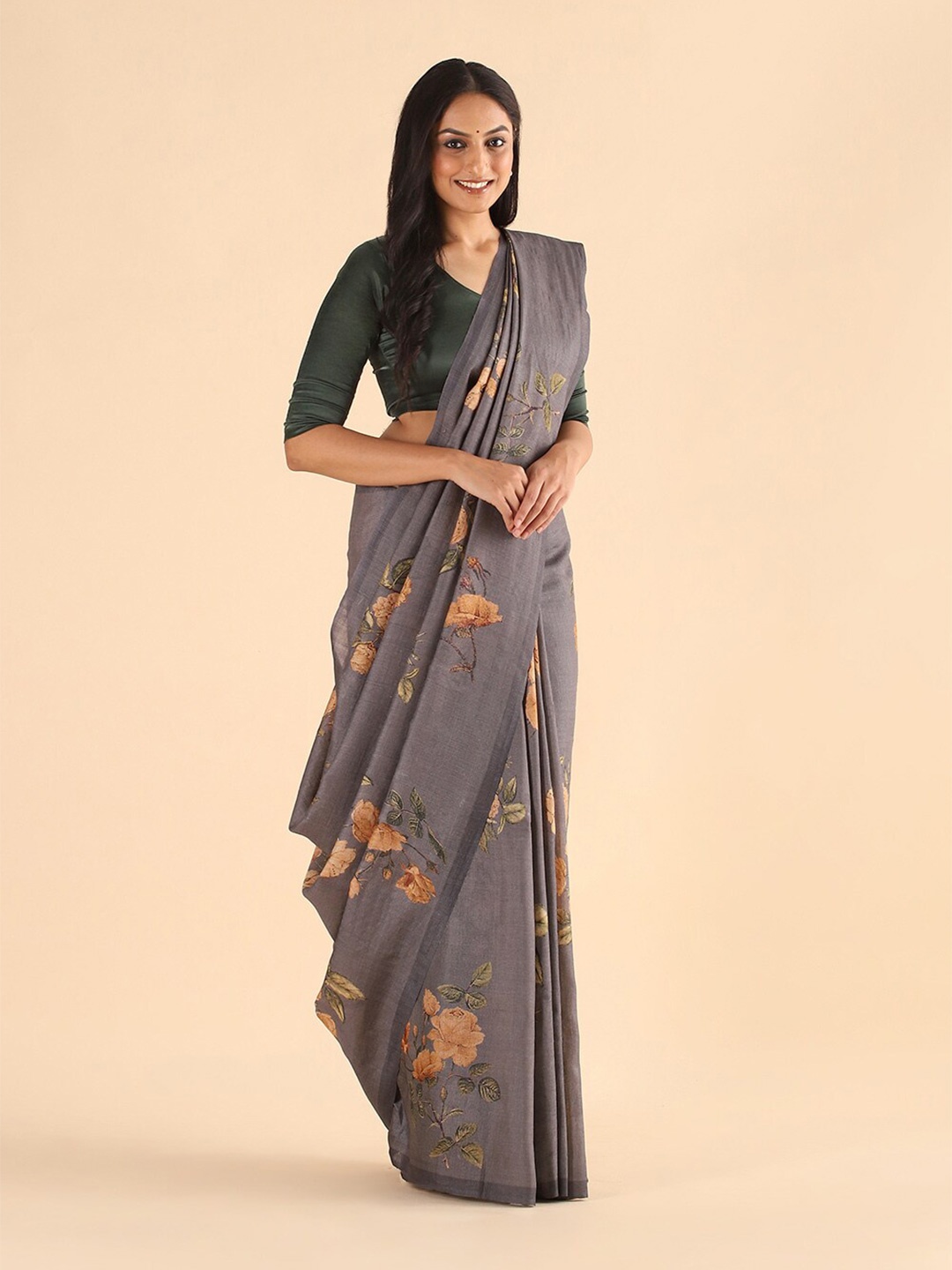 

Taneira Grey & Brown Floral Pure Silk Tussar Saree