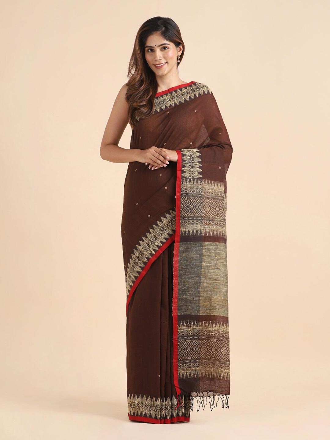 

Taneira Brown & Red Woven Design Zari Pure Cotton Saree