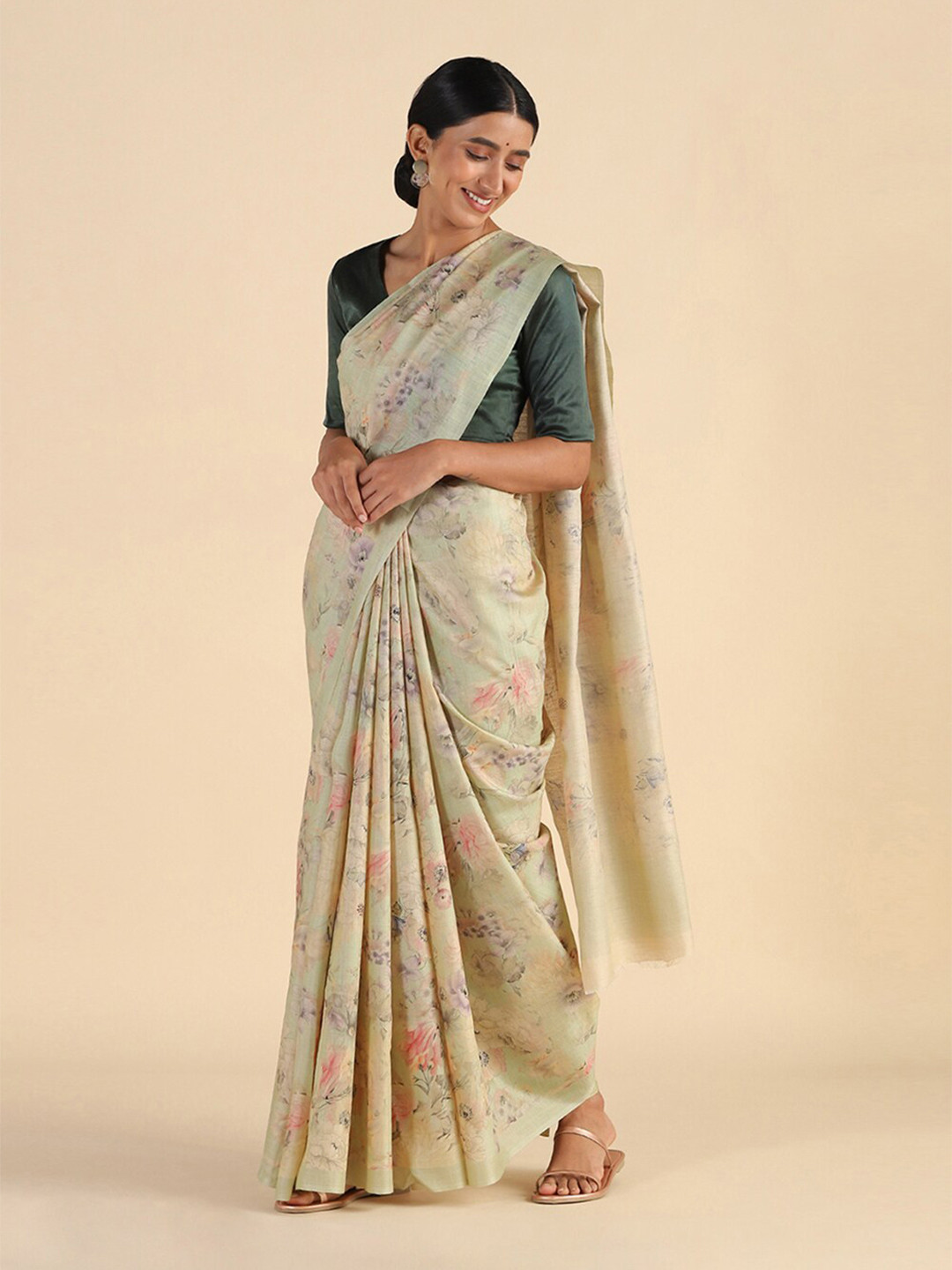 

Taneira Beige & Green Floral Pure Silk Tussar Saree