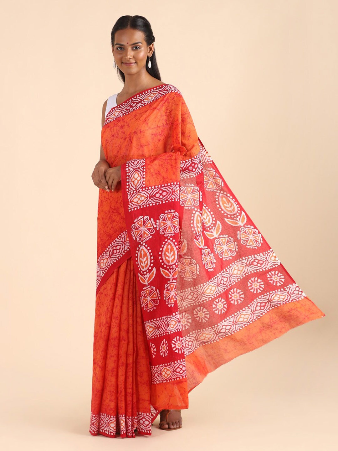 

Taneira Orange & White Paisley Zari Pure Cotton Saree