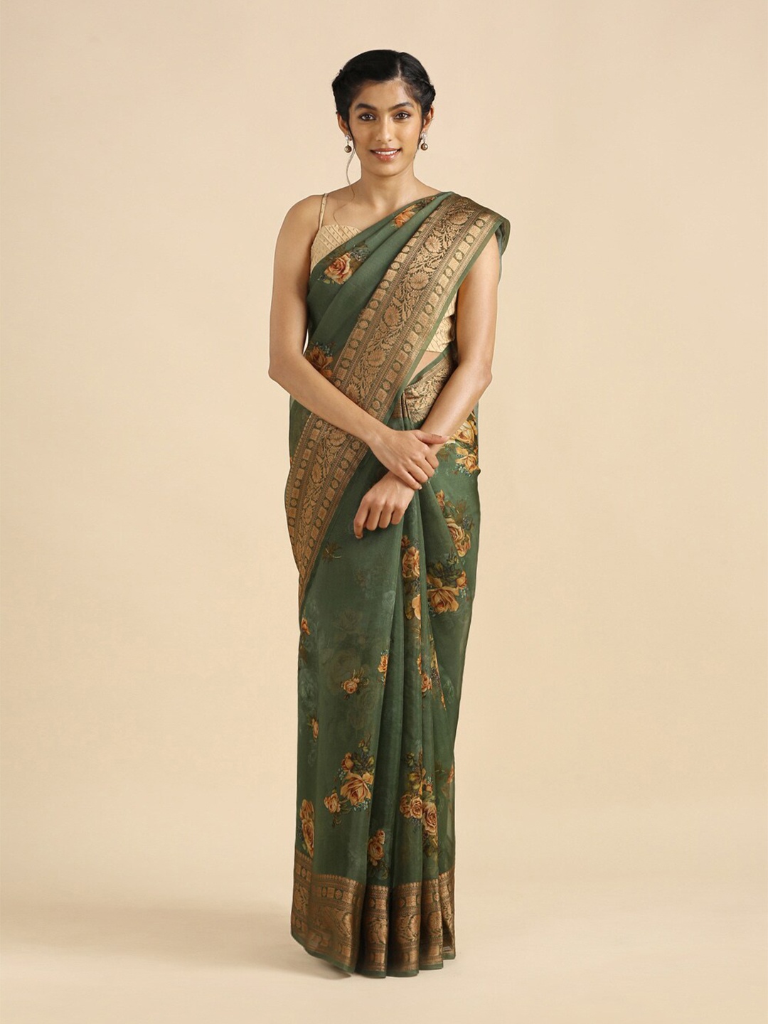 

Taneira Green & Gold-Toned Floral Organza Saree
